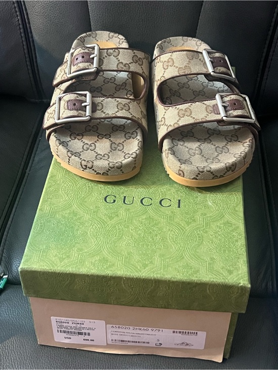 Gucci Shoes - Gucci Brown Beige GG Canvas Double Buckle Slides
